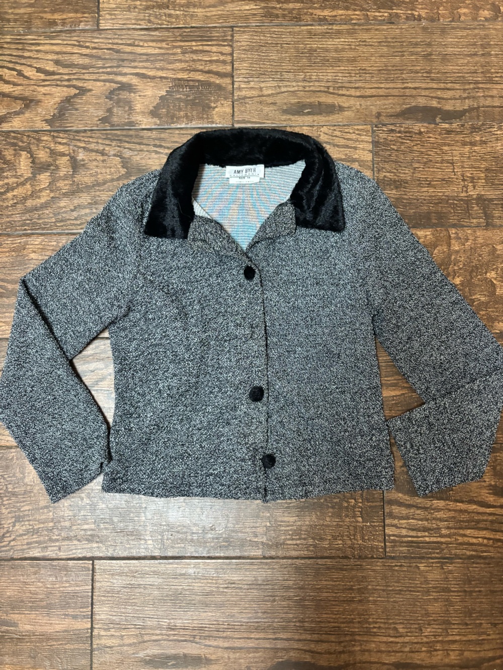 Amy Byer Gray Tweed Jacket with Black Faux Fur Collar